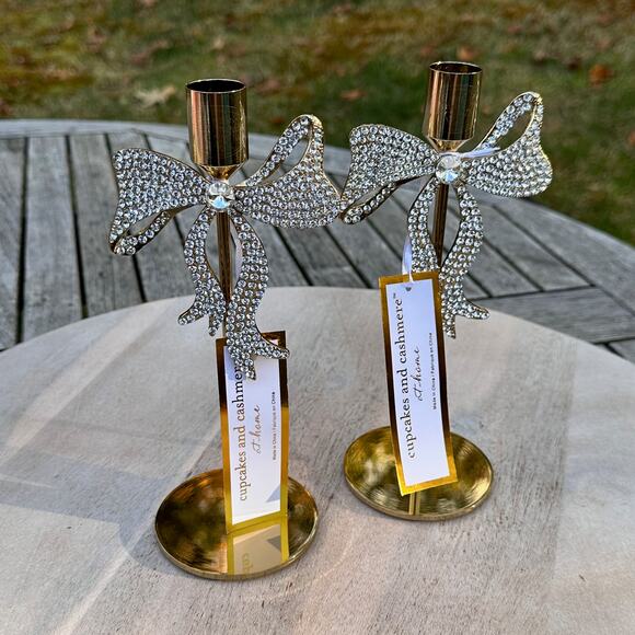 NEW Cupcakes and Cashmere Rhinestone Gold Bow Taper Candle Holders Set of 2 - Picture 4 of 10